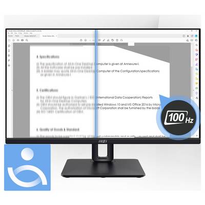 Ein Computermonitor, der ein Dokument auf seinem Bildschirm anzeigt, geteilt durch eine blaue Linie, die verschiedene Anzeigeeinstellungen zeigt; Beschriftung '100 Hz' hervorgehoben.
