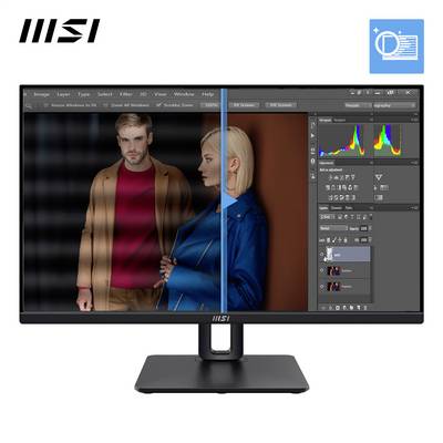 Ein Fotobearbeitungsprogramm wird auf einem MSI-Monitor angezeigt, der ein Bild von zwei Personen in stilvoller Kleidung zeigt. Verschiedene Bearbeitungswerkzeuge und ein Histogramm sind rechts sichtbar.