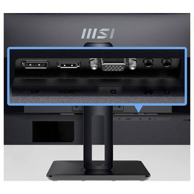 Rückansicht eines MSI-Monitors mit hervorgehobenen Anschlüssen: DisplayPort (DP), HDMI, VGA und Audio-Ein-/Ausgang, markiert mit einer blauen Box.