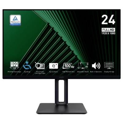 Ein 24-Zoll Full-HD-Monitor mit TÜV-Zertifizierungsaufkleber, ausgestattet mit Funktionen wie IPS-Weitwinkelansicht, Flimmerschutz, 100 Hz Bildwiederholrate und integrierten Lautsprechern.