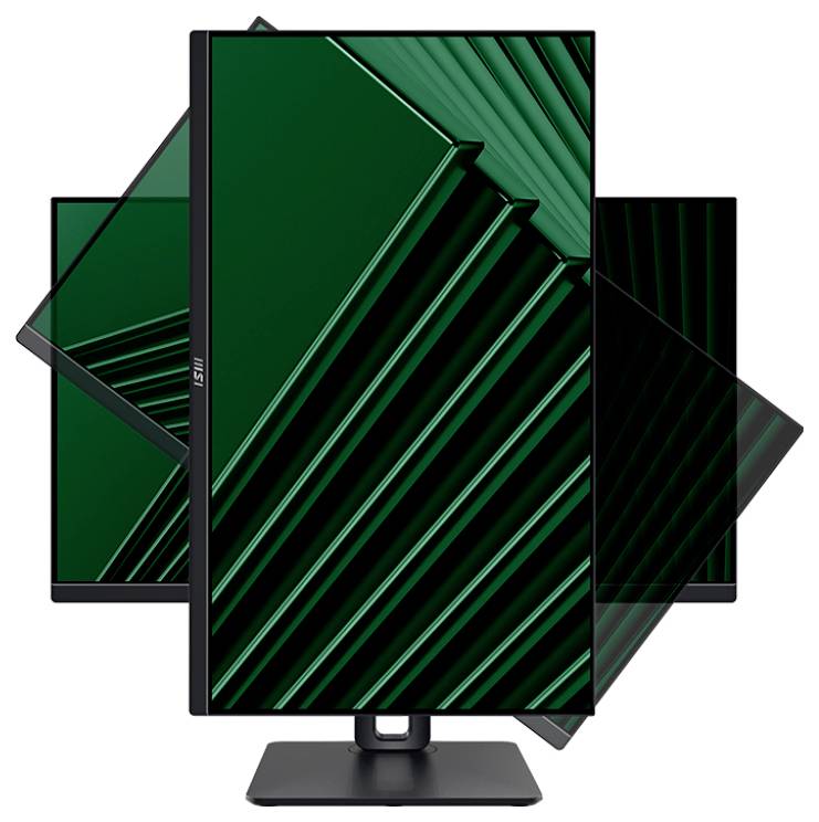 Ein Monitor, der ein grünes geometrisches Muster auf dem Bildschirm zeigt, in verschiedenen Ausrichtungen dargestellt, was seine Rotationsfähigkeit veranschaulicht.