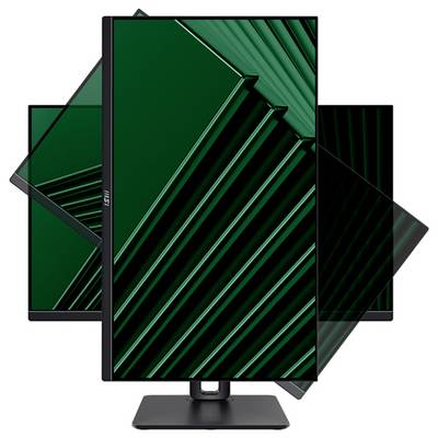 Ein Monitor, der ein grünes geometrisches Muster auf dem Bildschirm zeigt, in verschiedenen Ausrichtungen dargestellt, was seine Rotationsfähigkeit veranschaulicht.