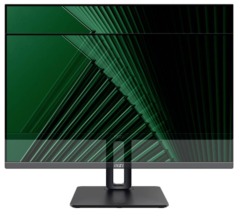 Ein schlanker, moderner schwarzer Computermonitor mit einem geometrischen grün-schwarzen Muster auf dem Bildschirm. Der Standfuß ist minimalistisch und stilvoll.