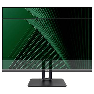 Ein schlanker, moderner schwarzer Computermonitor mit einem geometrischen grün-schwarzen Muster auf dem Bildschirm. Der Standfuß ist minimalistisch und stilvoll.