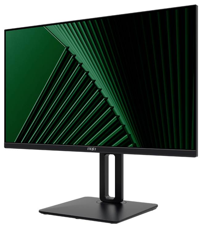 Ein schwarzer Computermonitor mit elegantem, modernem Design zeigt ein dunkelgrünes abstraktes Bild mit geometrischen Mustern.