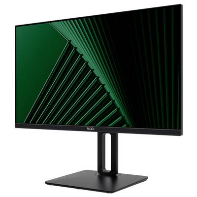 Ein schwarzer Computermonitor mit elegantem, modernem Design zeigt ein dunkelgrünes abstraktes Bild mit geometrischen Mustern.