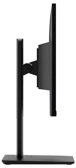 Ein schlanker, schwarzer Computermonitor aus Seitenansicht, der sein dünnes Profil und den verstellbaren Ständer zeigt.