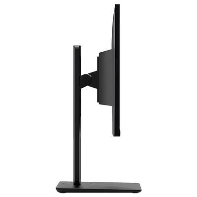 Ein schlanker, schwarzer Computermonitor aus Seitenansicht, der sein dünnes Profil und den verstellbaren Ständer zeigt.