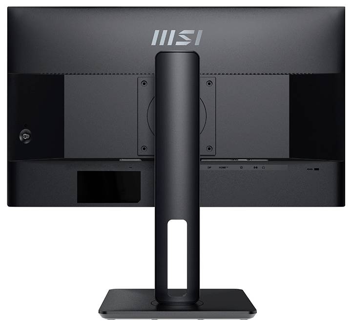 Rückansicht eines MSI-Monitors, die den Standfuß und die Anschlüsse zeigt; Markenlogo oben sichtbar, wobei das Design und die Bauweise betont werden.