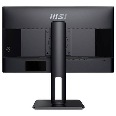 Rückansicht eines MSI-Monitors, die den Standfuß und die Anschlüsse zeigt; Markenlogo oben sichtbar, wobei das Design und die Bauweise betont werden.