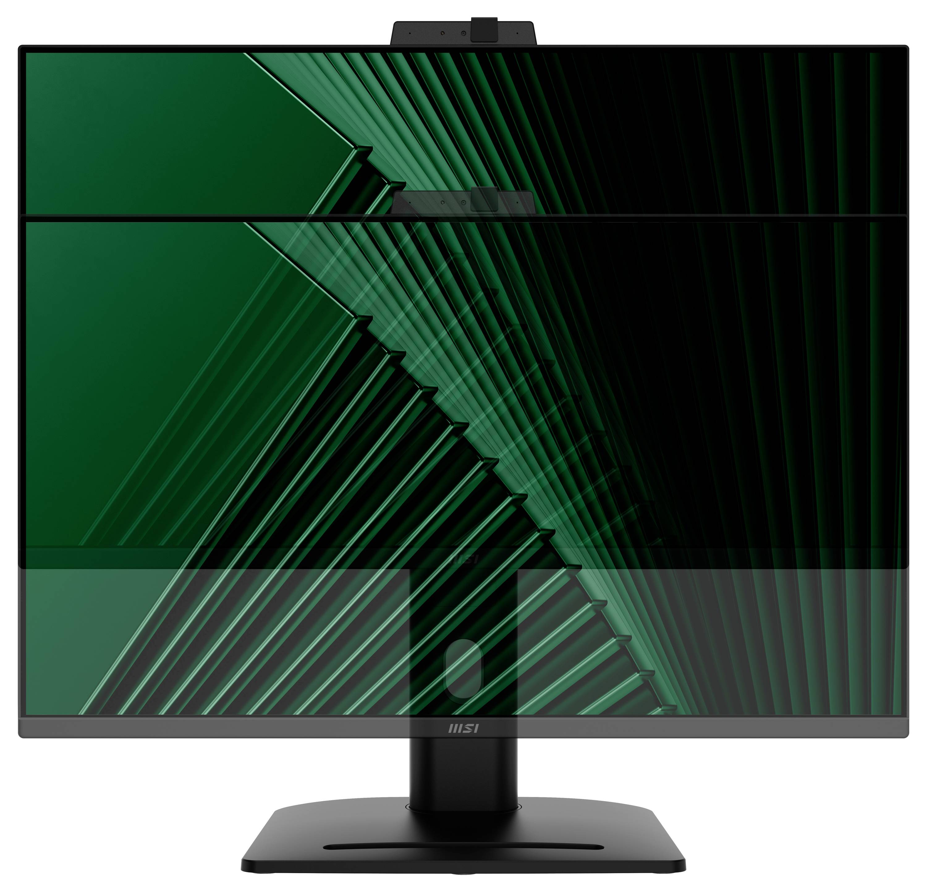 Ein futuristischer Computerbildschirm mit geometrischen grünen und schwarzen Linien auf dem Display, der eine schlichte, moderne Erscheinung erzeugt.