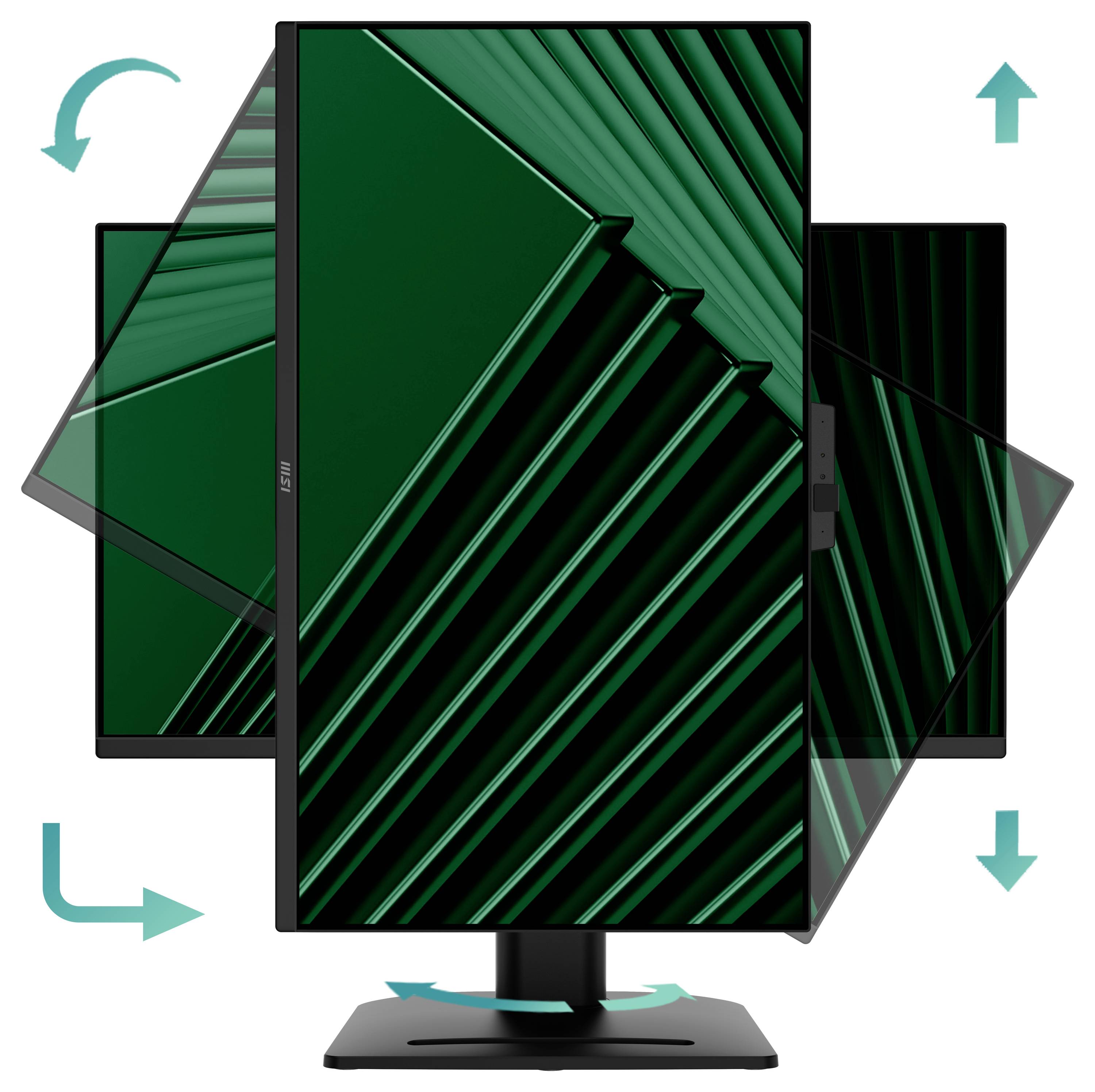 Ein Monitor mit einem flexiblen Ständer wird gezeigt, der horizontal und vertikal gedreht werden kann und sich verschiedenen Blickwinkeln anpassen lässt.