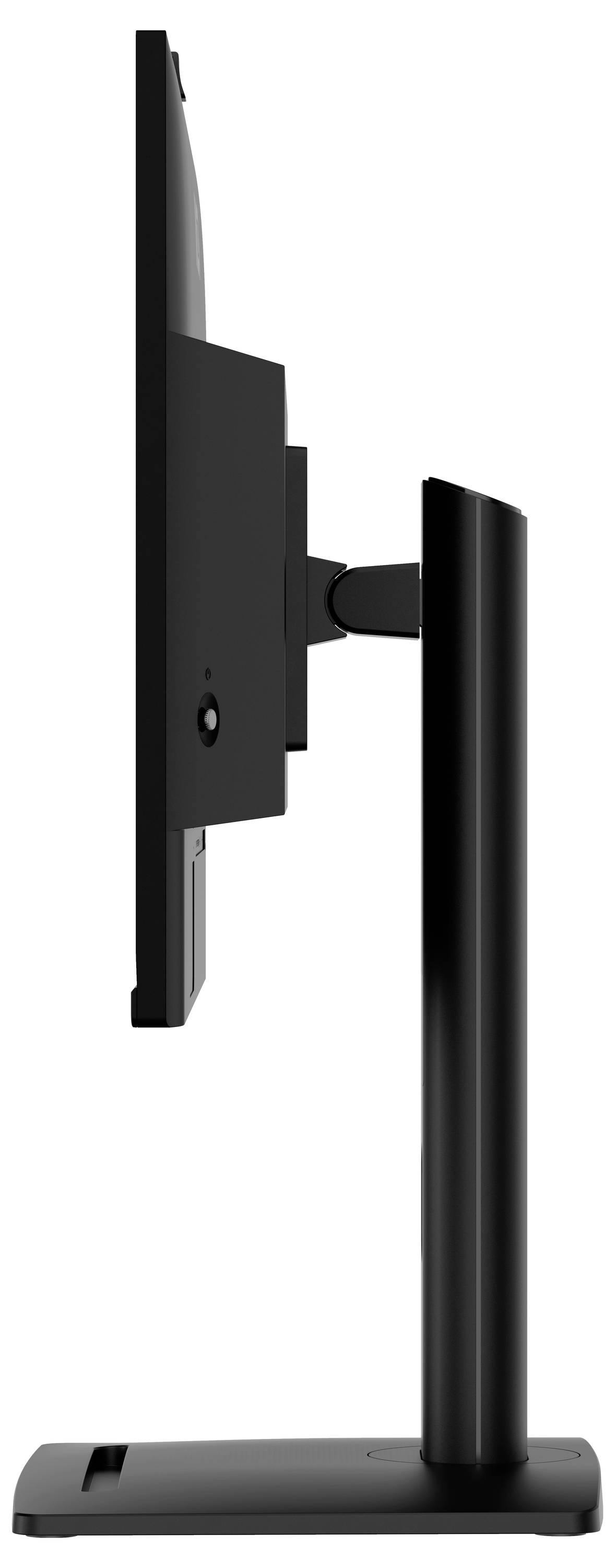 Seitenansicht eines schmalen, schwarzen Computermonitors mit verstellbarem Ständer.