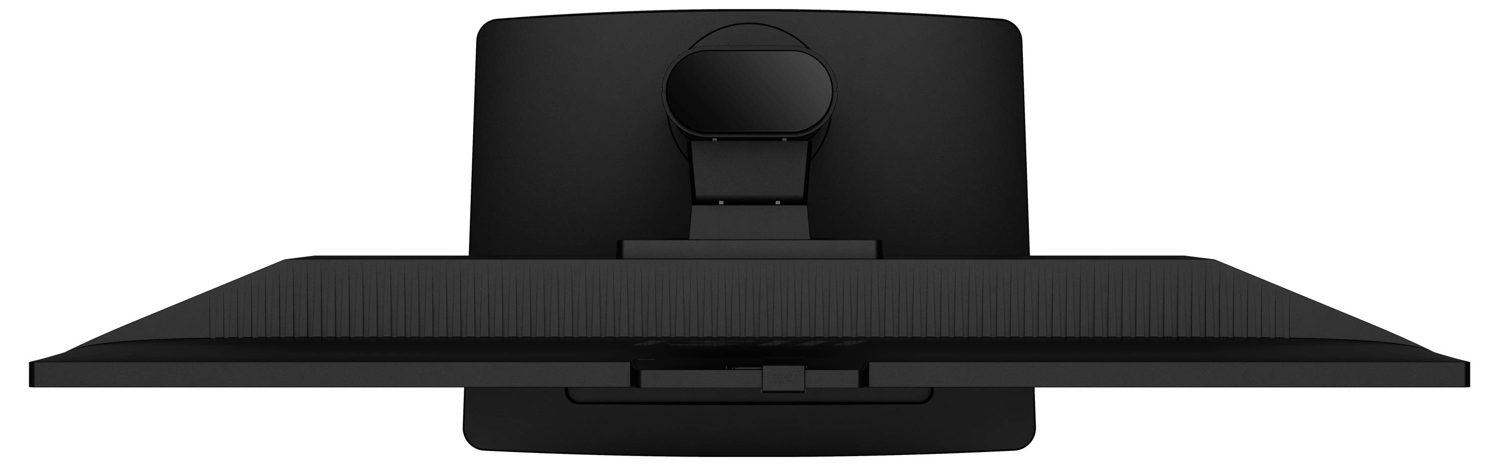 Luftaufnahme eines schwarzen Computermonitors, der leicht nach oben geneigt ist und das Rückpanel sowie den verstellbaren Ständer zeigt.