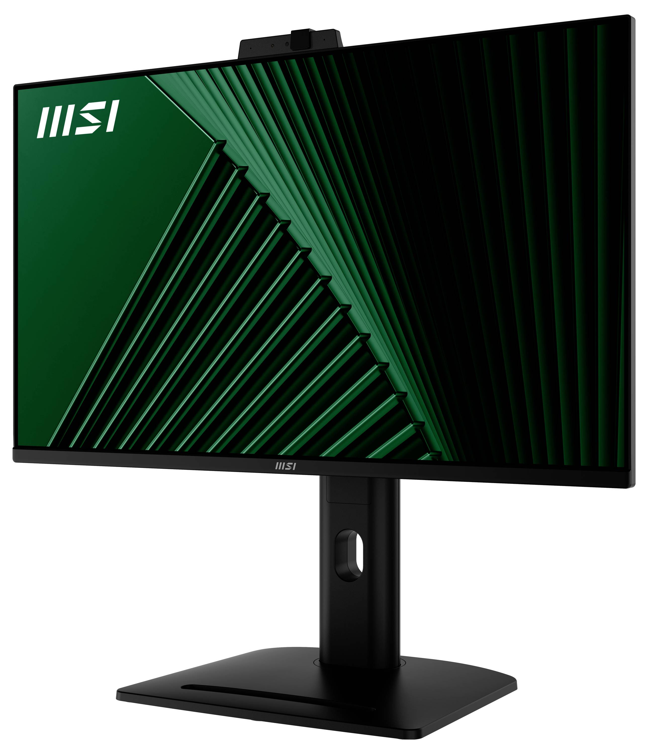 Ein moderner MSI-Computermonitor, der ein grünes geometrisches Muster zeigt.