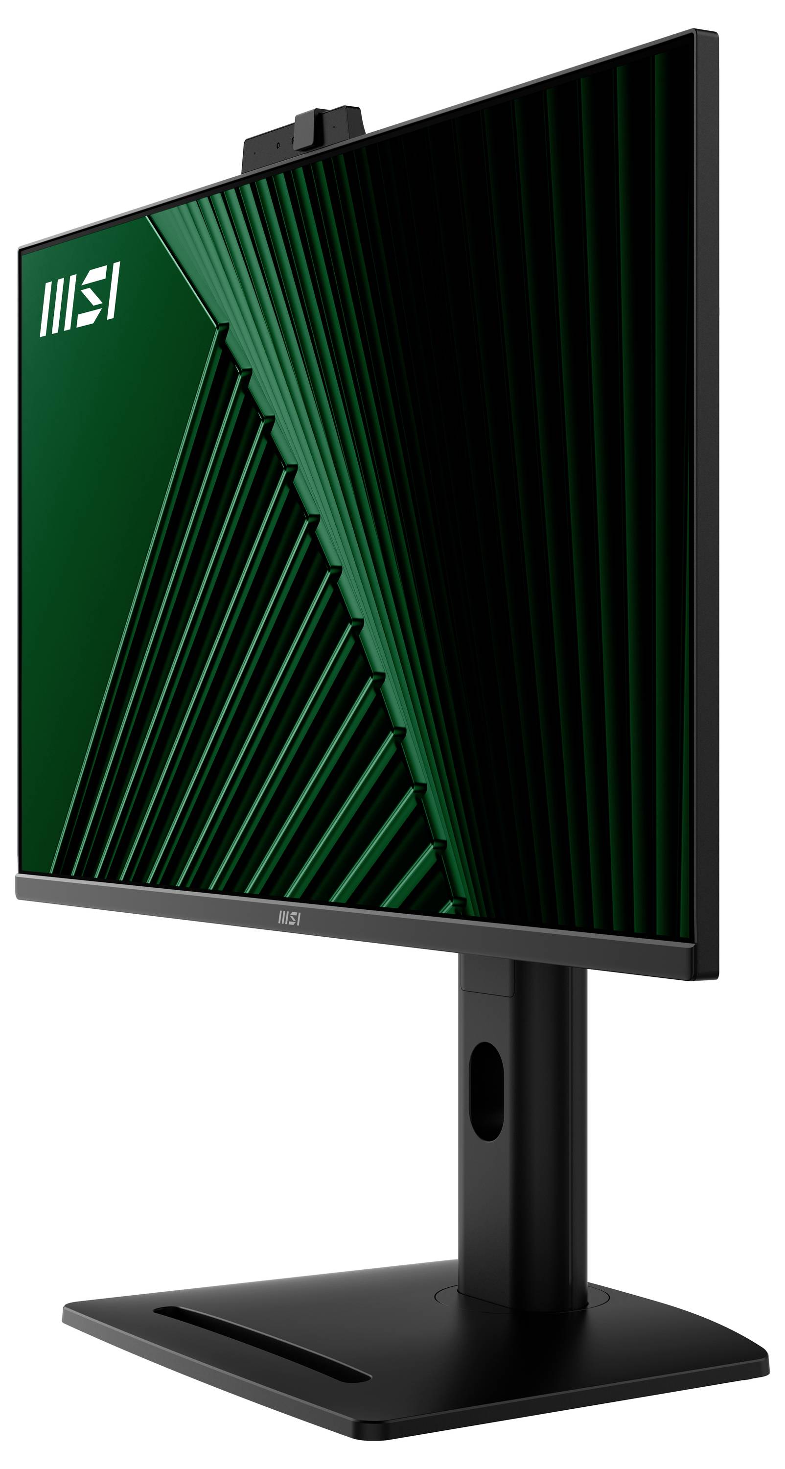 Ein schlanker, abgewinkelter Computermonitor, der ein grünes geometrisches Muster zeigt. Der Monitor hat einen dünnen Rahmen und steht auf einem hohen, verstellbaren Ständer.