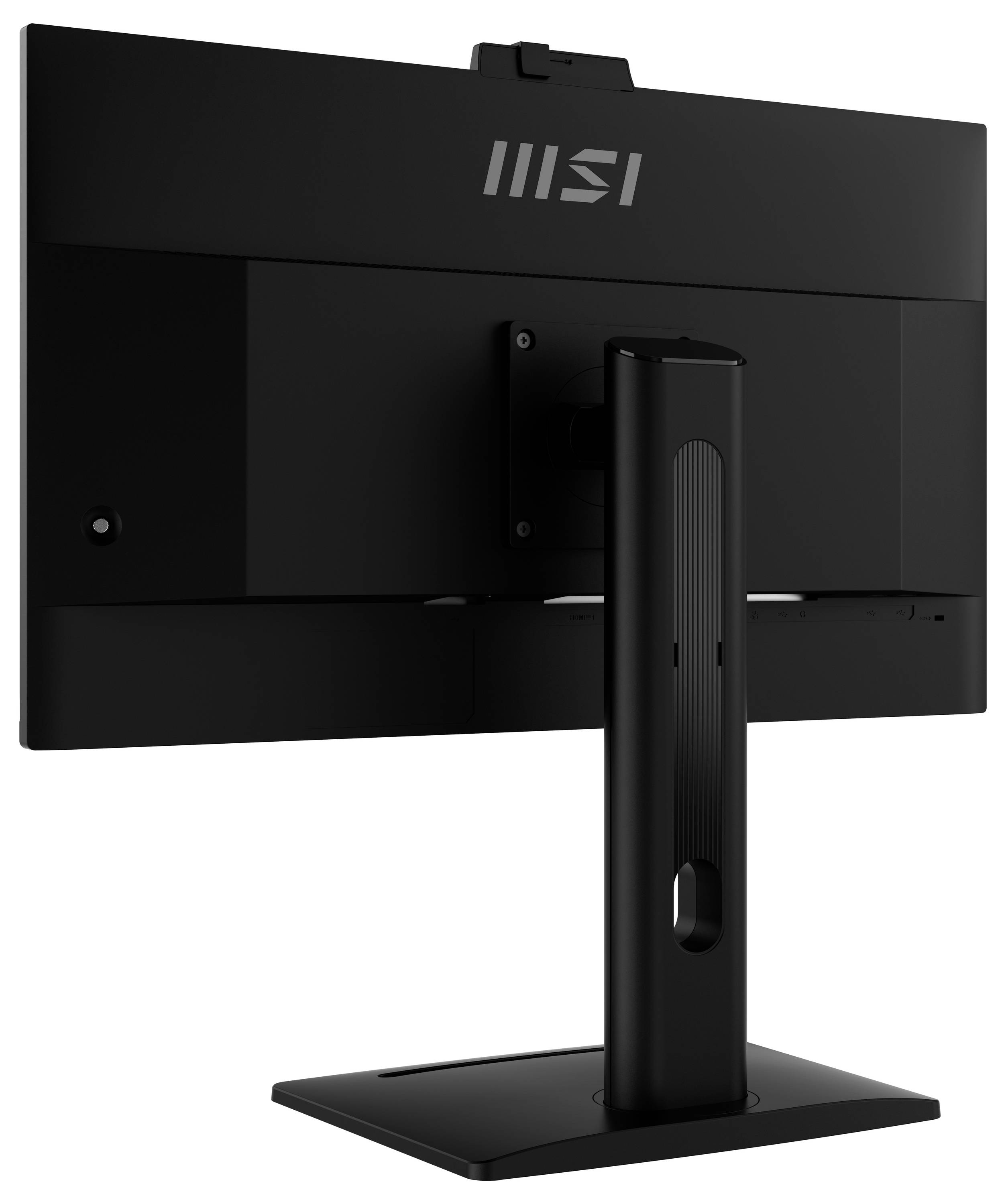 Ein schwarzer Computermonitor mit einem rechteckigen Ständer, von hinten betrachtet, mit einem einfachen Design und dem MSI-Logo oben.