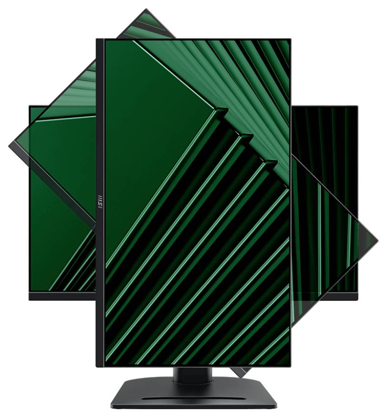 Ein Set aus vier Monitoren, die ein geometrisches, abstraktes Grünmuster auf ihren Bildschirmen zeigen. Die Monitore sind in verschiedenen Winkeln dargestellt.