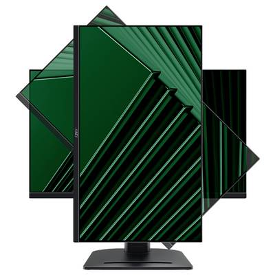 Ein Set aus vier Monitoren, die ein geometrisches, abstraktes Grünmuster auf ihren Bildschirmen zeigen. Die Monitore sind in verschiedenen Winkeln dargestellt.