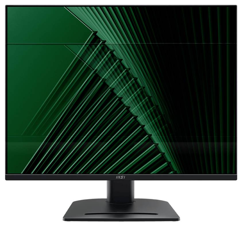 Ein Desktop-Computermonitor mit modernem Design zeigt ein grünes abstraktes geometrisches Muster auf dem Bildschirm und steht auf einem Ständer.