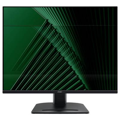Ein Desktop-Computermonitor mit modernem Design zeigt ein grünes abstraktes geometrisches Muster auf dem Bildschirm und steht auf einem Ständer.