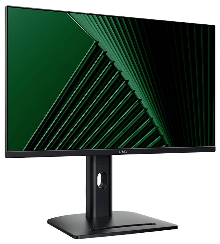 Ein schlanker Computermonitor mit schmaler Einfassung, der ein geometrisches grünes Muster auf dem Bildschirm zeigt.