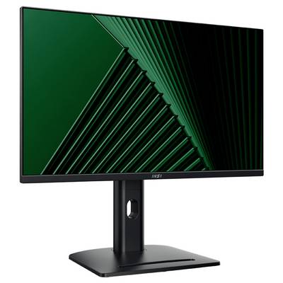 Ein schlanker Computermonitor mit schmaler Einfassung, der ein geometrisches grünes Muster auf dem Bildschirm zeigt.