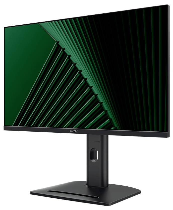 Ein schlanker, moderner Computerbildschirm mit minimalen Rahmen und einem grünen abstrakten Muster auf dem Bildschirm, montiert auf einem verstellbaren schwarzen Ständer.