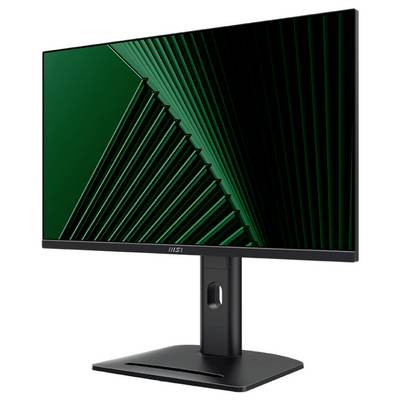 Ein schlanker, moderner Computerbildschirm mit minimalen Rahmen und einem grünen abstrakten Muster auf dem Bildschirm, montiert auf einem verstellbaren schwarzen Ständer.