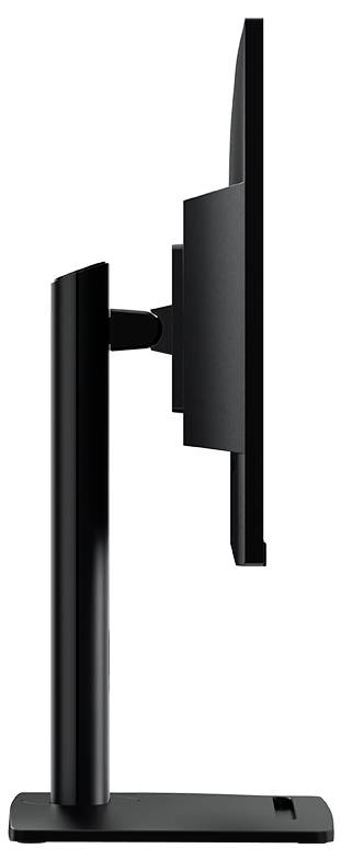 Seitenansicht eines schlanken, dünnen Computermonitors mit einem robusten, verstellbaren Ständer auf einer kleinen Basis, die ergonomische Designmerkmale zeigt.