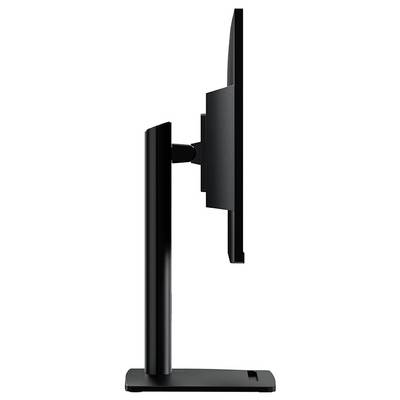 Seitenansicht eines schlanken, dünnen Computermonitors mit einem robusten, verstellbaren Ständer auf einer kleinen Basis, die ergonomische Designmerkmale zeigt.