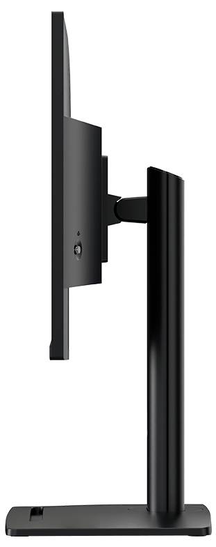 Seitenansicht eines schwarzen Computermonitors auf einem vertikalen Ständer, der seine dünne Profillinie und sein elegantes Design präsentiert.
