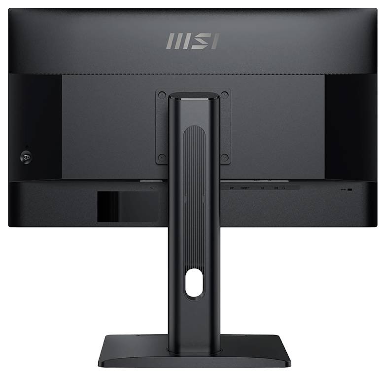 Ein schwarzer MSI-Monitor, von hinten gesehen, zeigt seinen Ständer und die Anschlüsse auf der Rückseite. Das Markenlogo ist oben sichtbar.