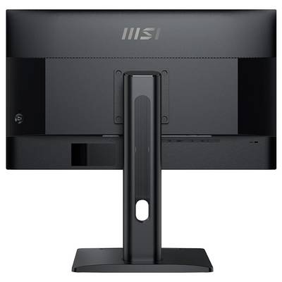 Ein schwarzer MSI-Monitor, von hinten gesehen, zeigt seinen Ständer und die Anschlüsse auf der Rückseite. Das Markenlogo ist oben sichtbar.