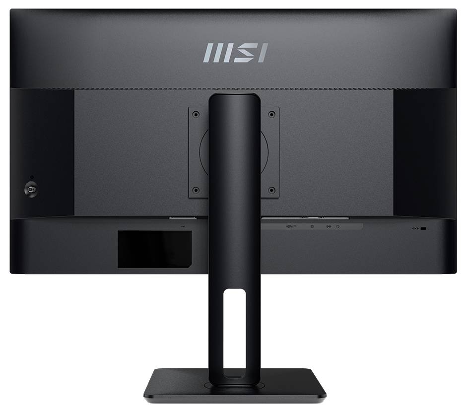 Ein schwarzer Computermonitor, von hinten betrachtet, der ein schlankes Design mit dem Markenlogo an der Oberseite zeigt. Der Standfuß ist zentriert und rechteckig.