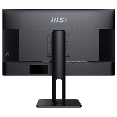Ein schwarzer Computermonitor, von hinten betrachtet, der ein schlankes Design mit dem Markenlogo an der Oberseite zeigt. Der Standfuß ist zentriert und rechteckig.