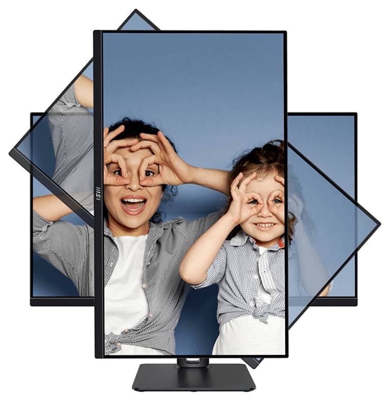 Ein sich drehendes Monitor, der ein Foto von zwei lächelnden Menschen zeigt, die vor einem blauen Hintergrund spielerische Handgesten machen.