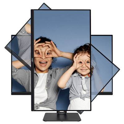 Ein sich drehendes Monitor, der ein Foto von zwei lächelnden Menschen zeigt, die vor einem blauen Hintergrund spielerische Handgesten machen.