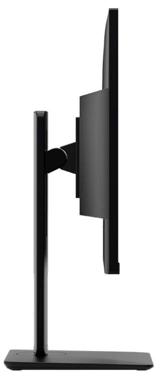 Eine Seitenansicht eines dünnen, schwarzen Computermonitors auf einem Ständer, die sein schlankes, minimalistisches Design zeigt.