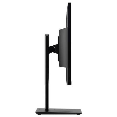 Eine Seitenansicht eines dünnen, schwarzen Computermonitors auf einem Ständer, die sein schlankes, minimalistisches Design zeigt.