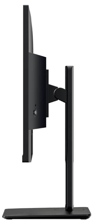 Seitenansicht eines schlanken schwarzen Computermonitors auf einem Ständer, der seinen dünnen Rahmen und die verstellbare Gelenkkonstruktion präsentiert.