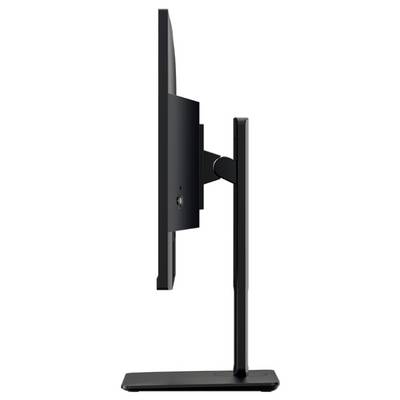 Seitenansicht eines schlanken schwarzen Computermonitors auf einem Ständer, der seinen dünnen Rahmen und die verstellbare Gelenkkonstruktion präsentiert.