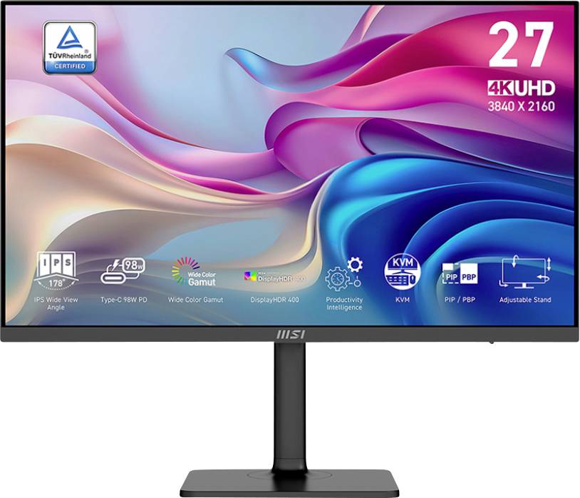 Das Bild zeigt einen Breitbild-Monitor, der bunte, wirbelnde abstrakte Kunst mit dem Text '27 4K UHD 3840 x 2160' in der oberen rechten Ecke anzeigt.