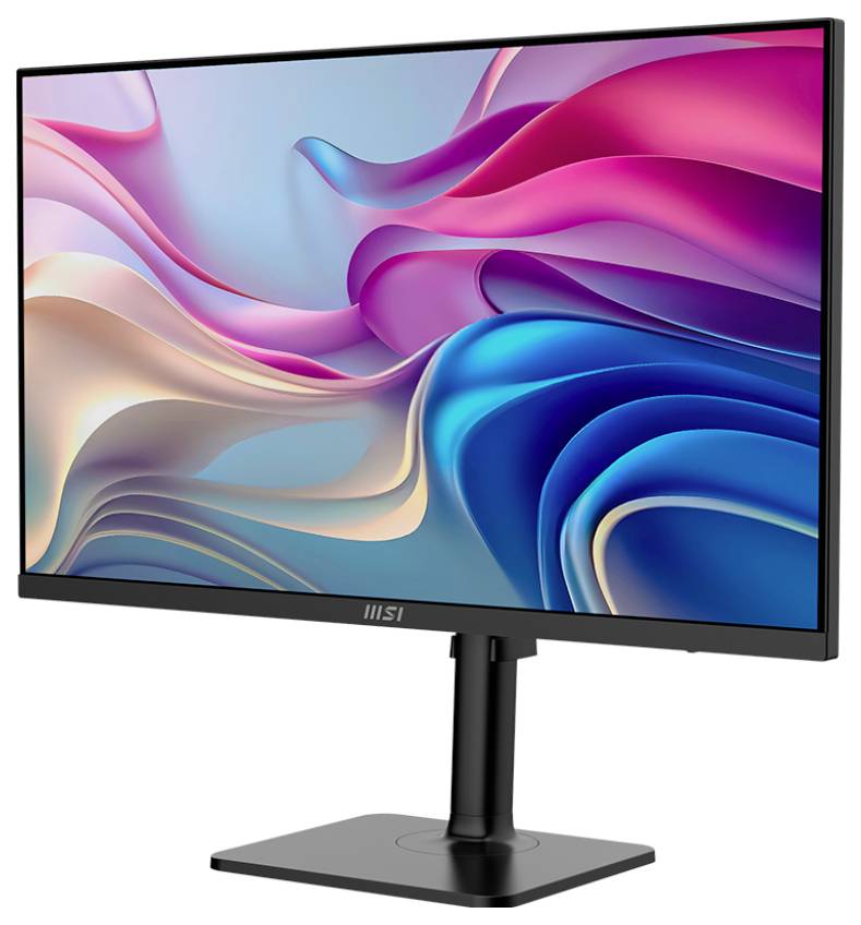 Ein schlanker, moderner Monitor mit einem lebendigen, abstrakten Wellenmuster-Display in Rosa- und Blautönen, auf einem robusten schwarzen Ständer.