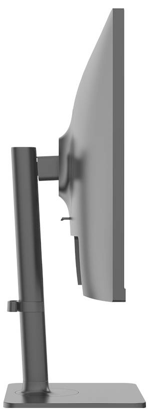 Seitenansicht eines schlanken, modernen Computermonitors auf einem Ständer, mit Betonung seiner schmalen Silhouette und verstellbaren Höhenfunktion.