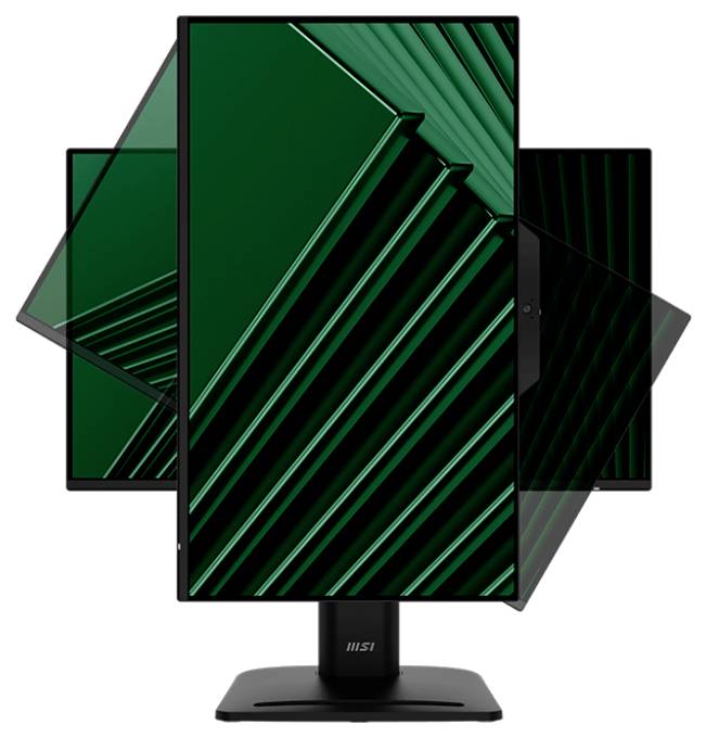 Ein Monitor mit einer drehbaren Halterung zeigt ein geometrisches grünes Muster und demonstriert seine Fähigkeit, sich horizontal und vertikal zu schwenken.