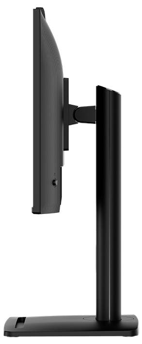 Eine Seitenansicht eines schlanken, schwarzen Computermonitors auf einem robusten Ständer, der sein dünnes Profil und die verstellbare Höhenfunktion präsentiert.