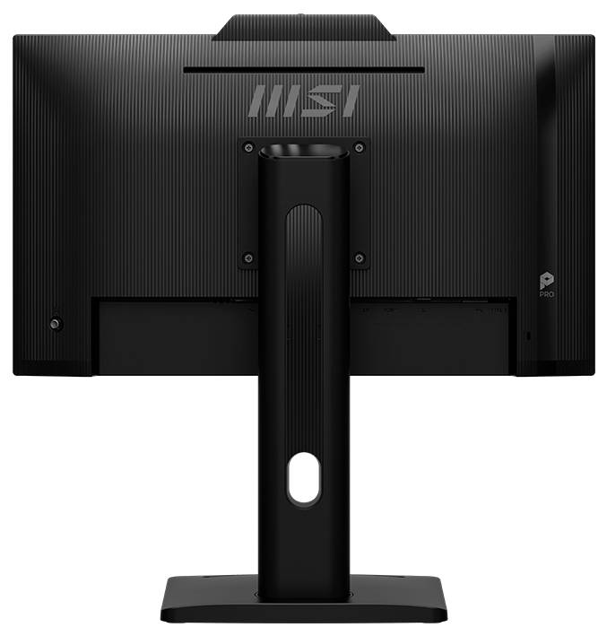 Ein schwarzer Computermonitor mit einem stabilen Ständer, von hinten betrachtet, auf dem das Markenlogo "MSI" zu sehen ist.