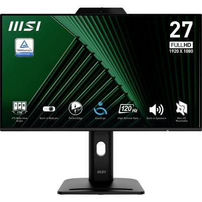 Ein 27-Zoll-MSI-Monitor mit Icons für TÜV-Zertifizierung, IPS-Blickwinkel, integrierter Webcam, EyesErgo, 120-Hz-Rate, integrierten Lautsprechern.