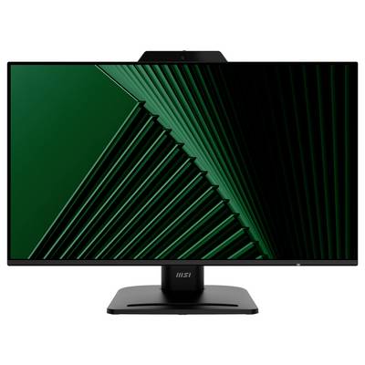 Ein Computermonitor mit einem schwarzen Ständer zeigt ein geometrisches grün-schwarzes abstraktes Muster auf dem Bildschirm.